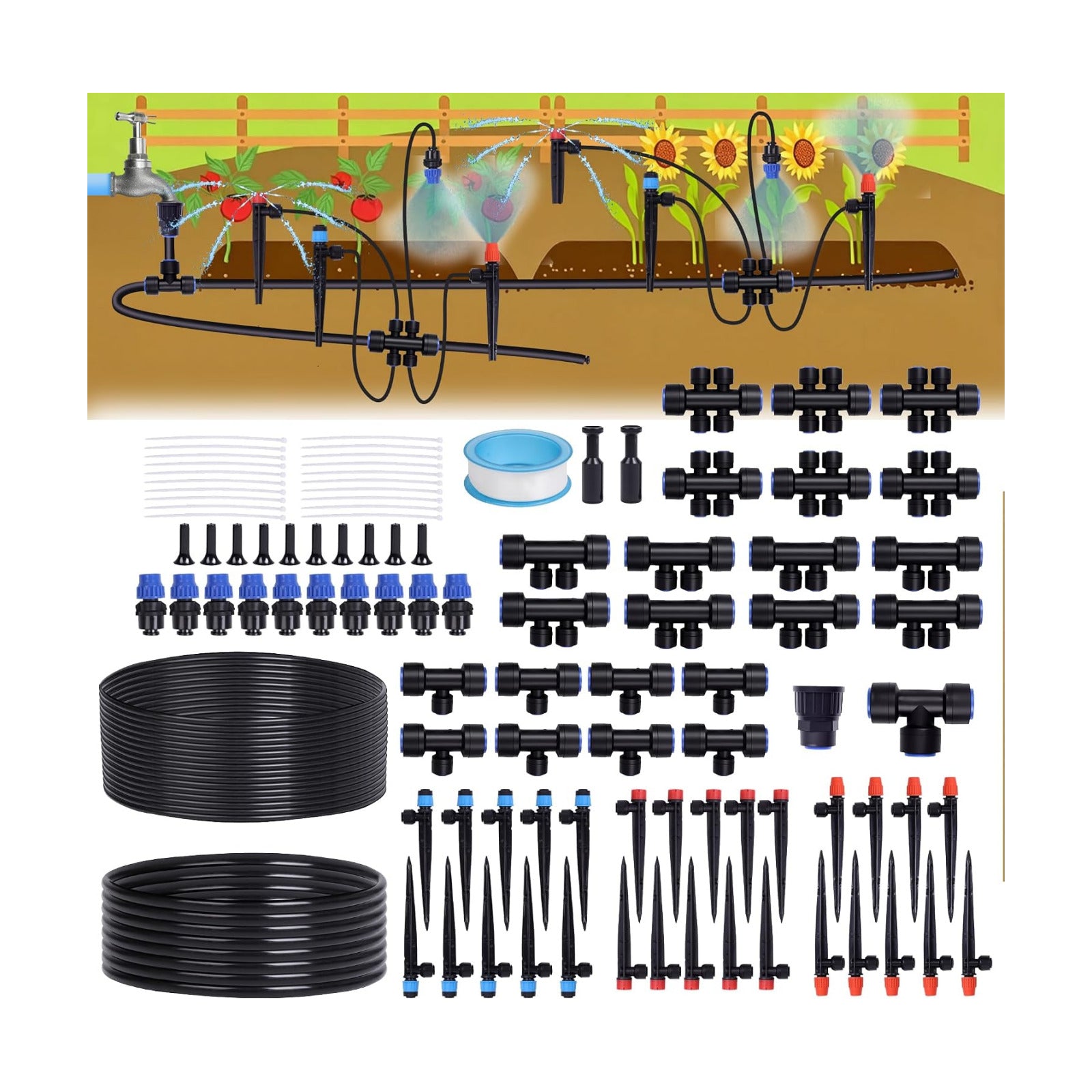230FT Garden Irrigation System with 40 Nozzles & Emitters, Automatic Watering System with 1/2" & 1/4" Tube and Barbed
