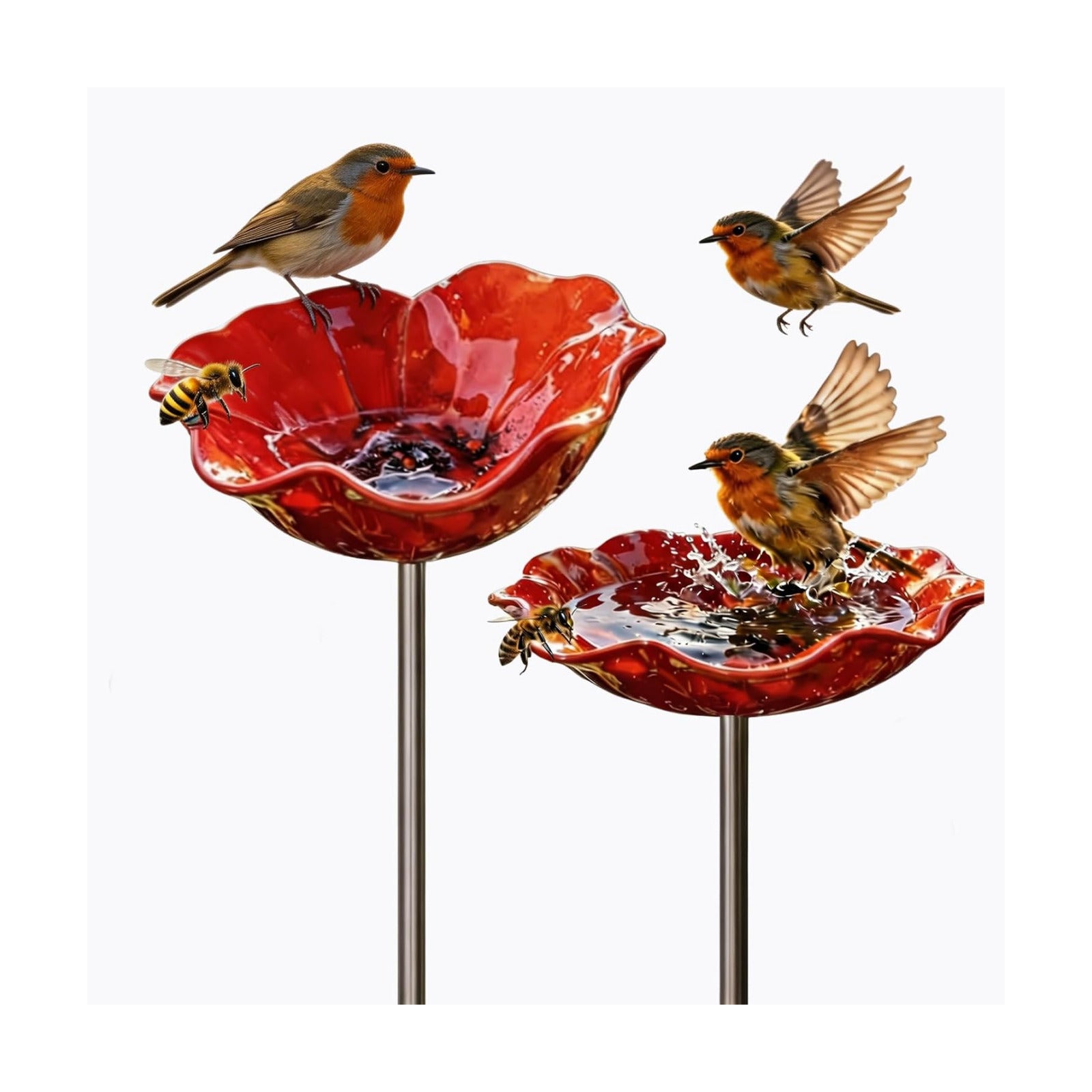 Handmade Metal Flower Garden Stake with Bird Bath & pollinator Water Station, Bee Bath for Garden Metal Bee Water