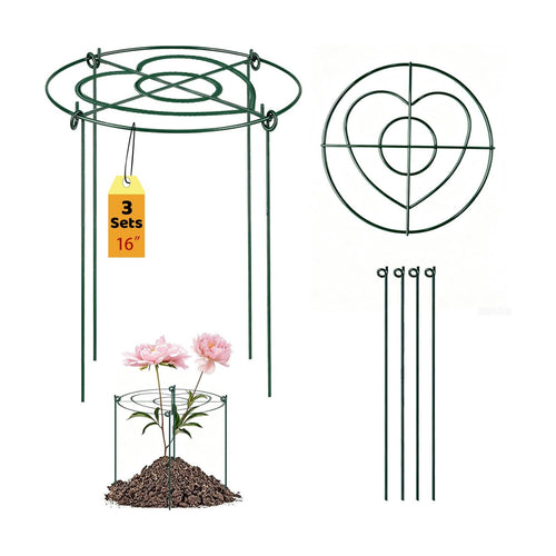 (3 Sets) Peony Cages and Supports, 16" Diameter, 4 x 24 Inches Legs, Heavy Duty Rust-Proof Grow Through Plant Support