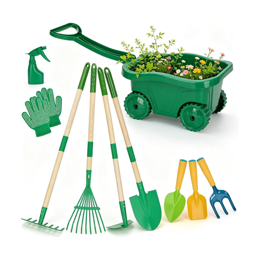 10pcs Kids Gardening Tools Set - Wheelbarrow Set for Kids3-8 | Wheelbarrow Toys with Shovel,Rake,Hoe and Watering,STEM
