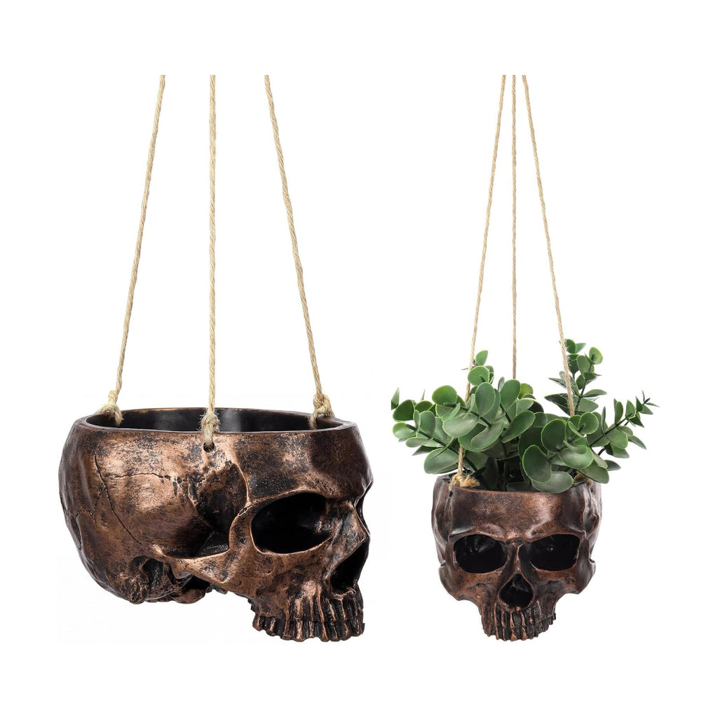 2 Pack Bronze Halloween Hanging Skull Planter with Rope