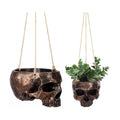 2 Pack Bronze Halloween Hanging Skull Planter with Rope