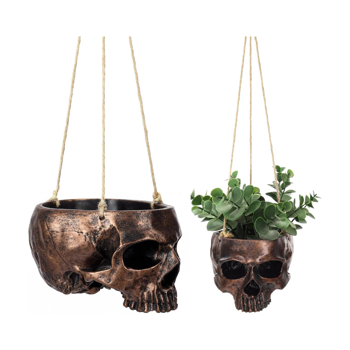 2 Pack Bronze Halloween Hanging Skull Planter with Rope