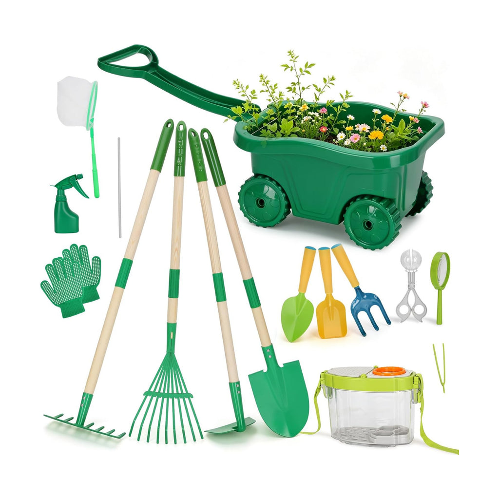 16Pcs Kids Gardening Tools,2-in-1 Kids Garening Wheelbarrow Toys | With Shovel,Rake,Hoe and Observation Box,STEM