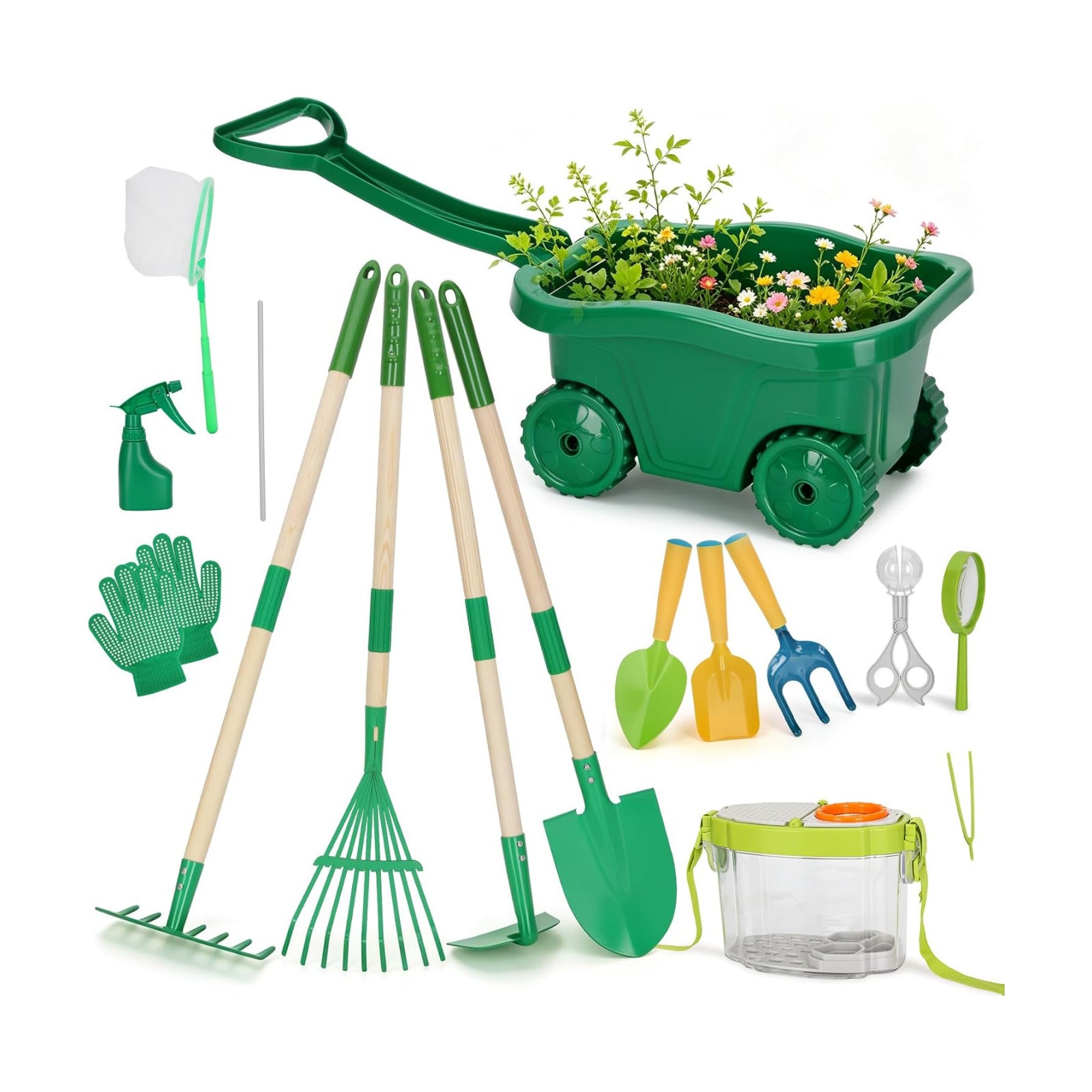 16Pcs Kids Gardening Tools,2-in-1 Kids Garening Wheelbarrow Toys | With Shovel,Rake,Hoe and Observation Box,STEM