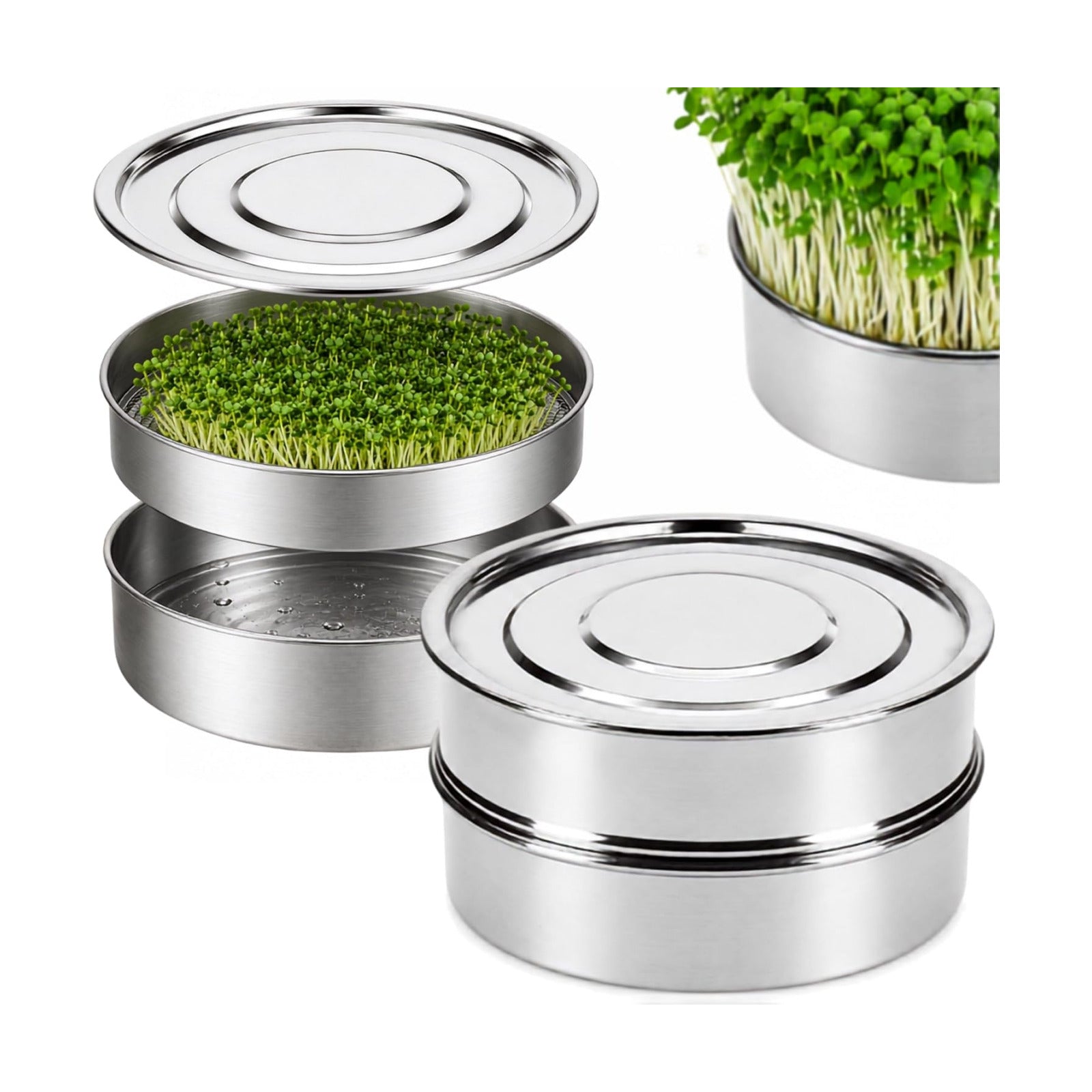 6'' Stainless Steel Sprouting Tray – Round 2-Tier Seed Gardening Planter Tray for Microgreens Broccoli Sprouts Growing