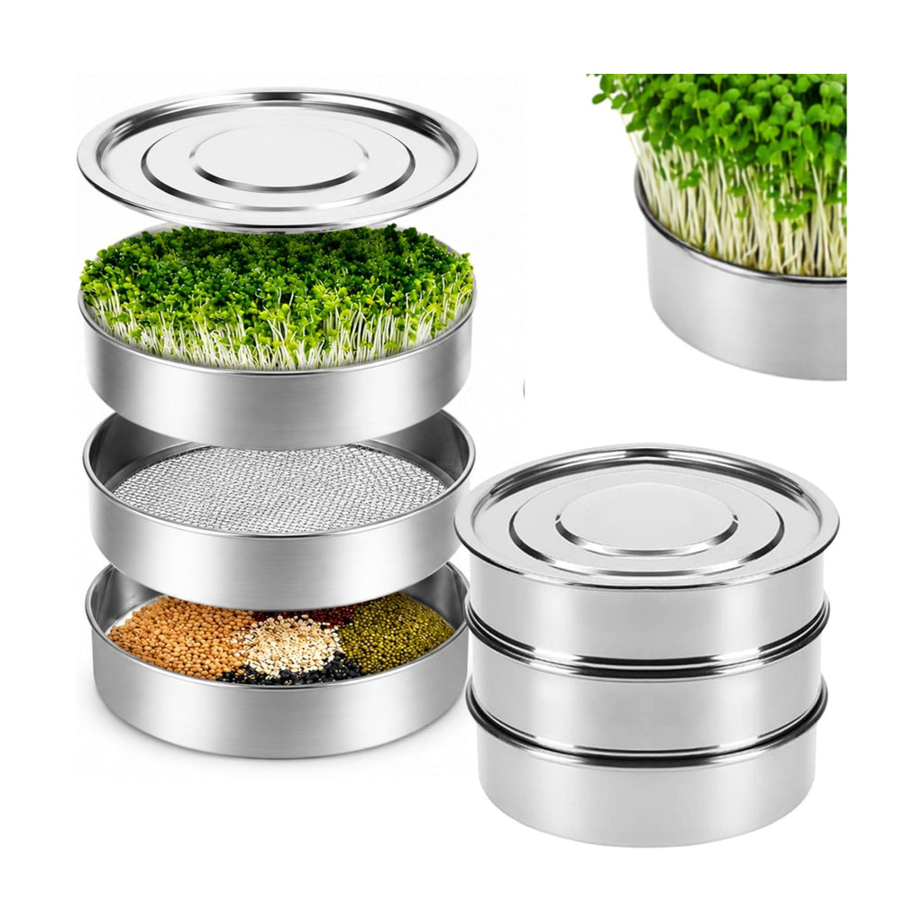 6'' Stainless Steel Sprouting Tray Round – 3-Tier Seed Gardening Planter Tray for Microgreens Broccoli Sprouts Growing