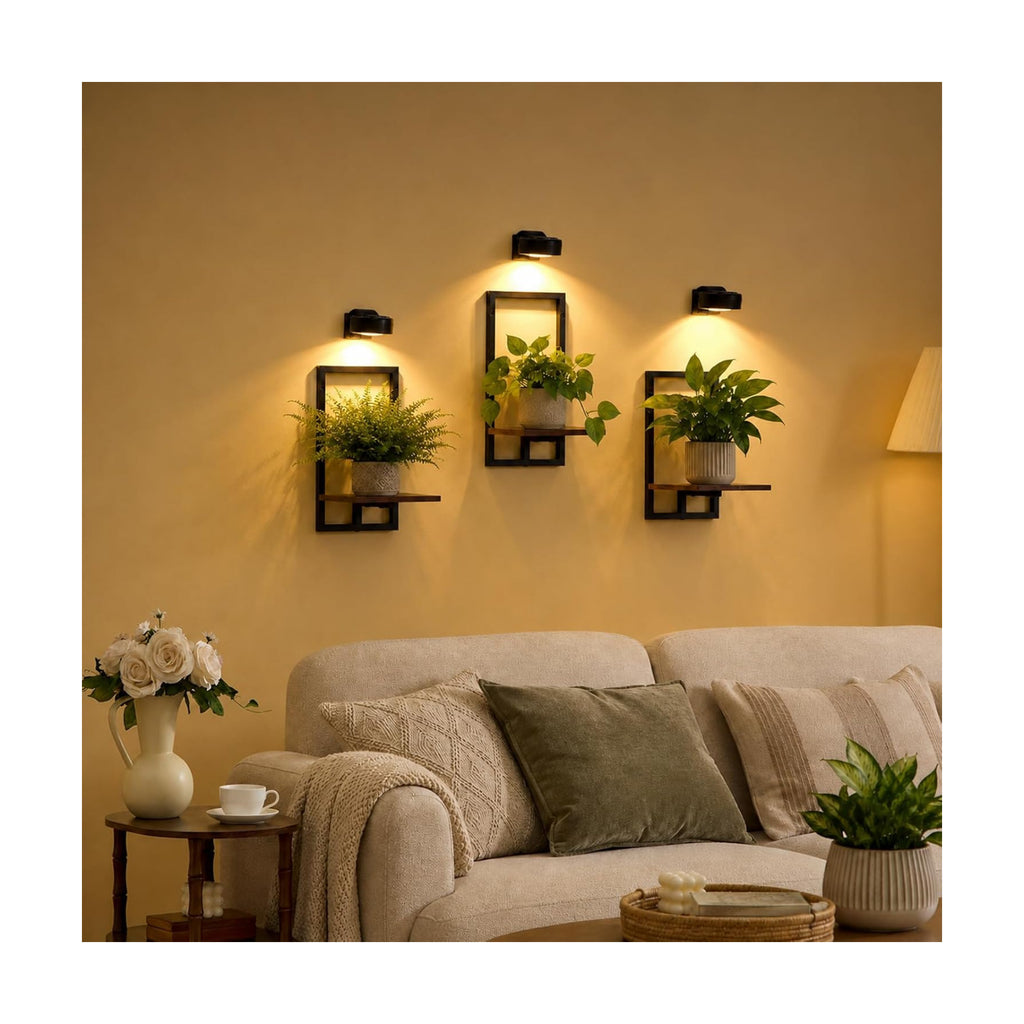 Wall Planters with Grow Lights, Set of 3 Floating Shelves for Indoor Plants, Bedroom, Living Room, Kitchen, Bathroom