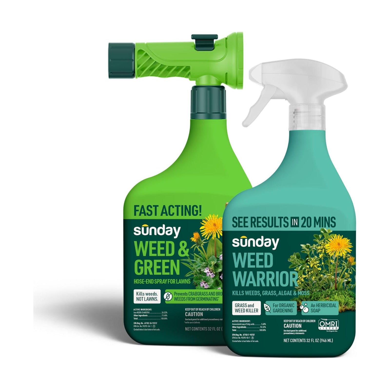 Sunday Pre & Post-Emergent Lawn Weed Killer & Greening Kit, 32oz 2-Pack | Organic Weed Warrior Kills Crabgrass