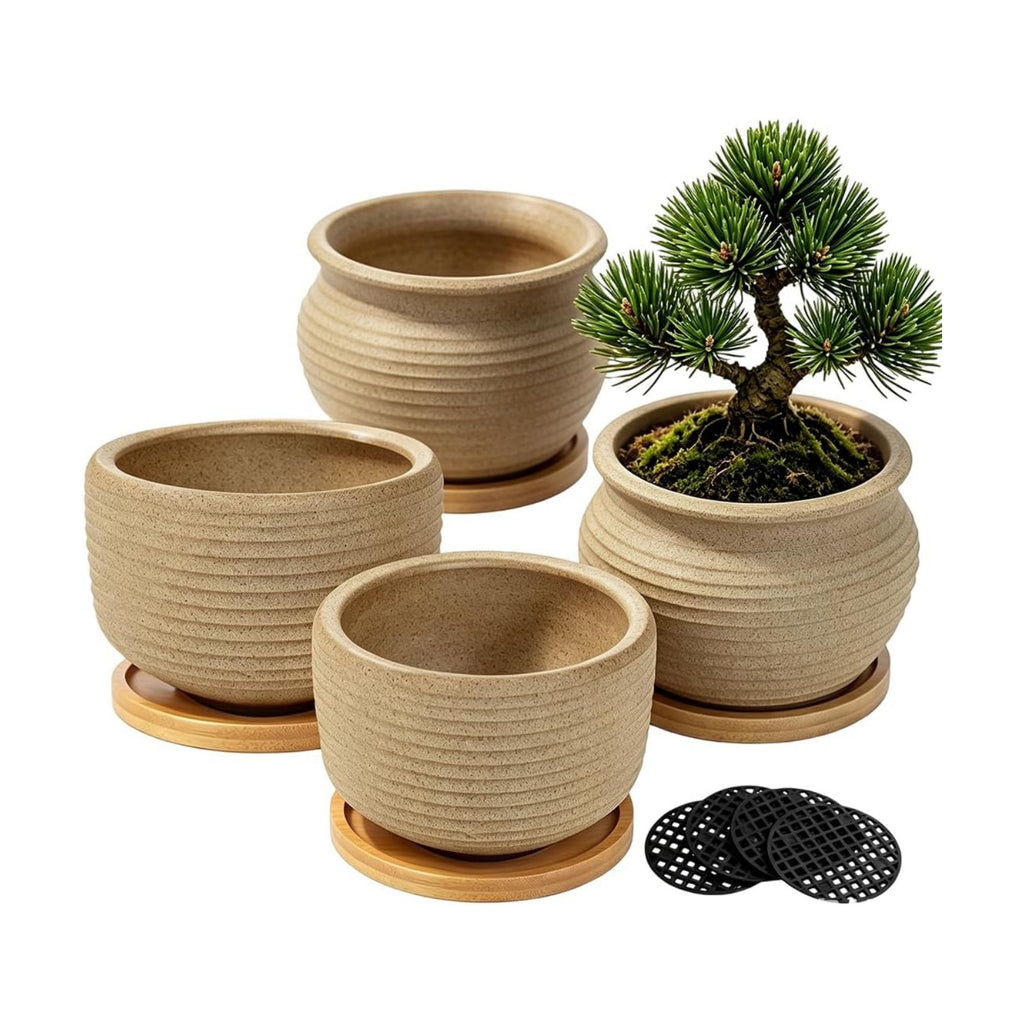 MUZHI Rustic 4 inch Bonsai Plant Pot with Bamboo Tray Set of 4, Unglazed Ceramic Succulent Cactus Pot Indoor Outerdoor