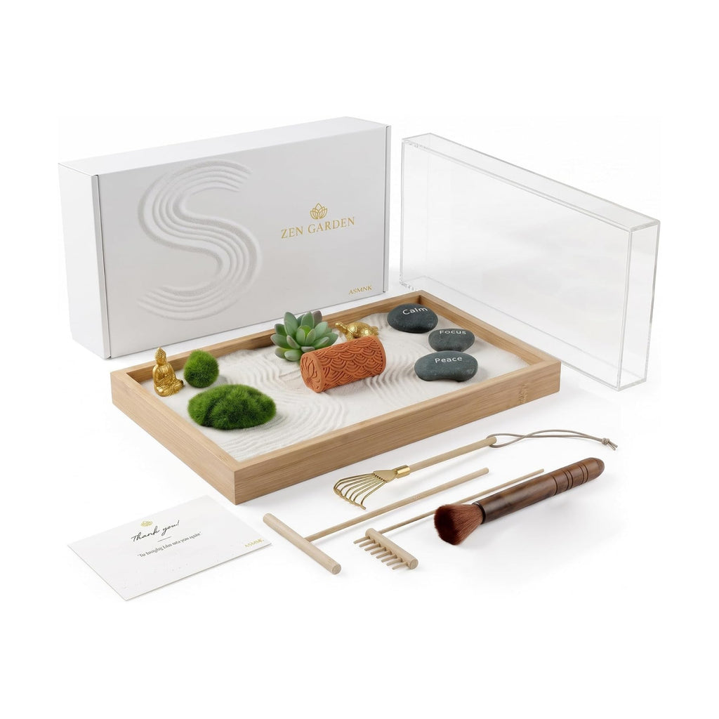 Zen Garden Kit 13″ x 8.2″ Large Zen Garden for Desk with Bamboo Sand Tray | 15 Accessories & 6 Tools, Japanese Decor