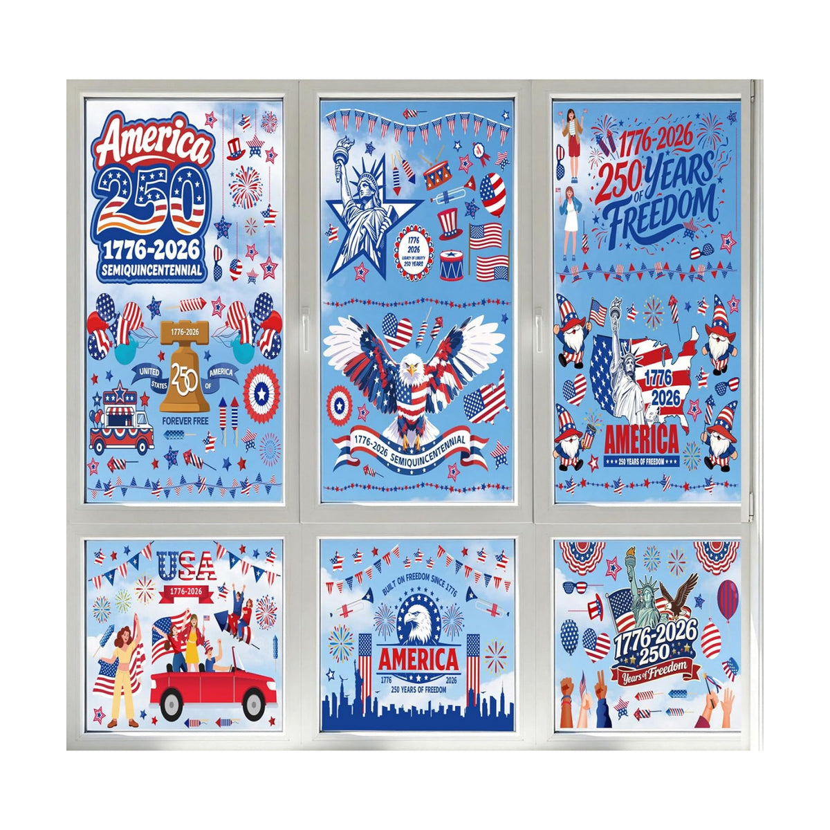 AhfuLife 250 Years Anniversary USA Window Clings for 4th of July, 250 Anniversary 9 Sheets America Patriotic Themed Window Stickers for Independence Day, Home Office Party Decorations(Style D)
