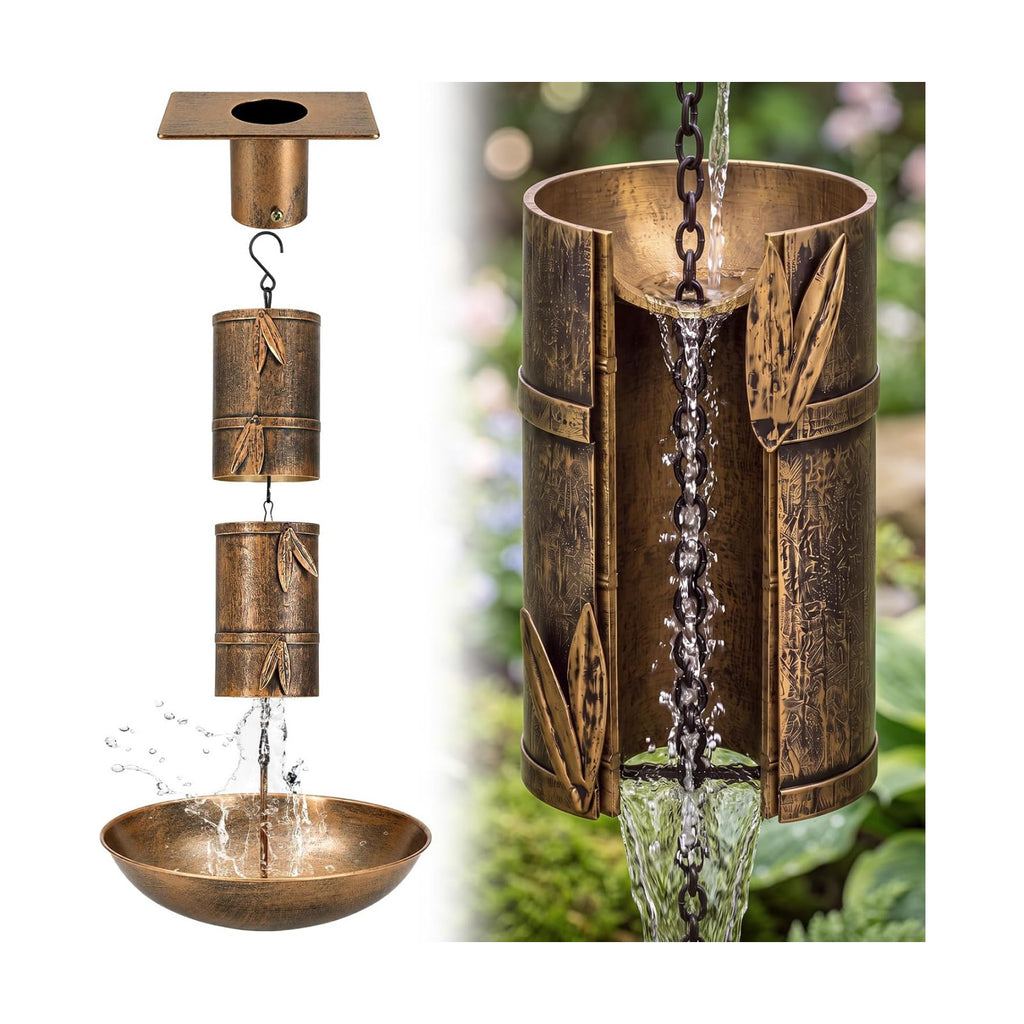 8.5ft Rain Chain for Gutters Outside Splash-Proof with Anchor Basin Copper Color Bamboo Sign 13 Cups Rain Chain Catcher