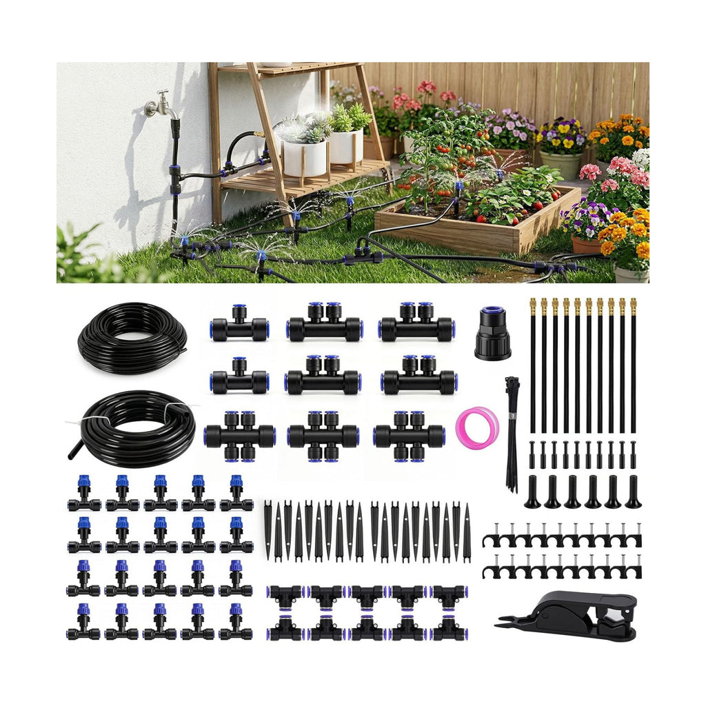 Drip Irrigation System 130FT with 10 Bendable Nozzles, 10 Misting Emitters, 10 8-Outlet Drip Emitters, 1/2 & 1/4 Inch