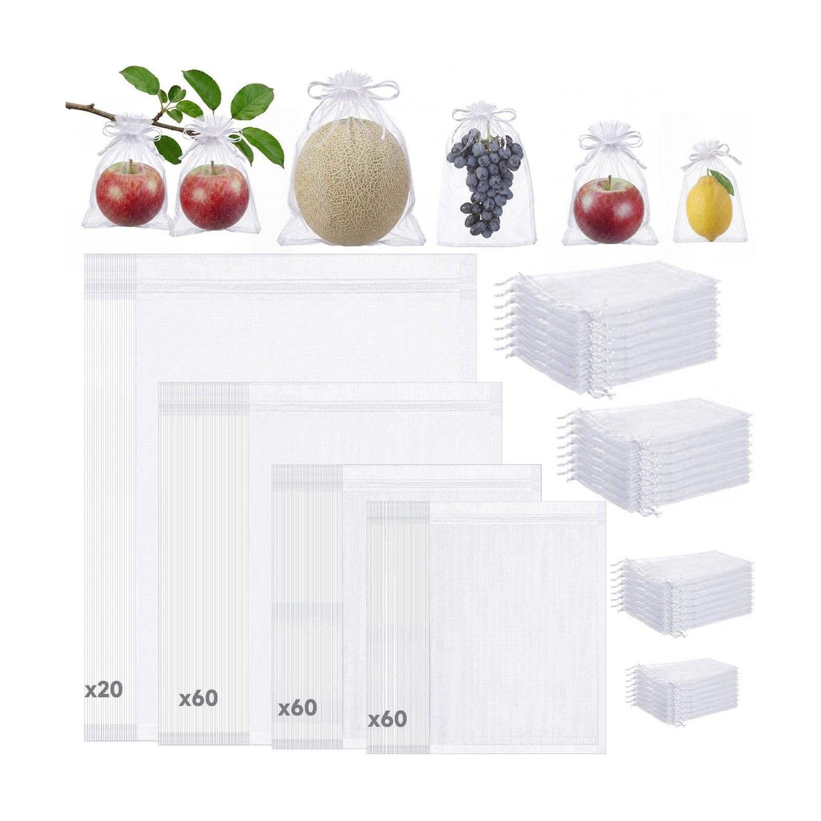 200 Pcs Fruit Netting Bags 4 Multi Size Assortment White | Protection Bags for Fruit, Drawstring Cover Mesh Bag, Pest