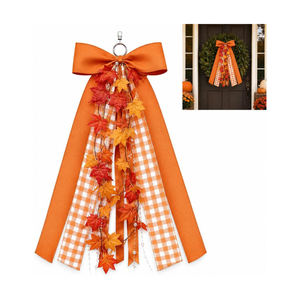 Fall Wreath Sash Front Door Ribbon Bow Large Orange Gingham Autumn Maple Leaves Thanksgiving Porch Decoration Streamer Hanging