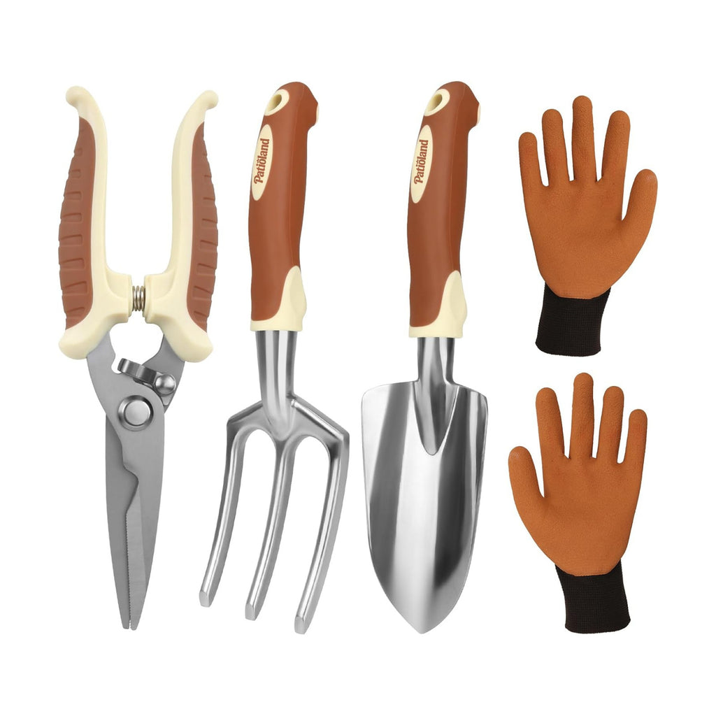 Brown Garden Tool Set 4-Piece, Trowel, Fork, Pruning Shear&Gloves
