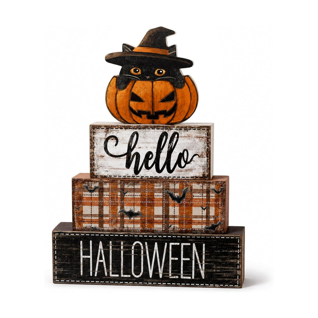 4Pcs Halloween Tabletop Decorations Wooden Cat Pumpkin Signs Gift