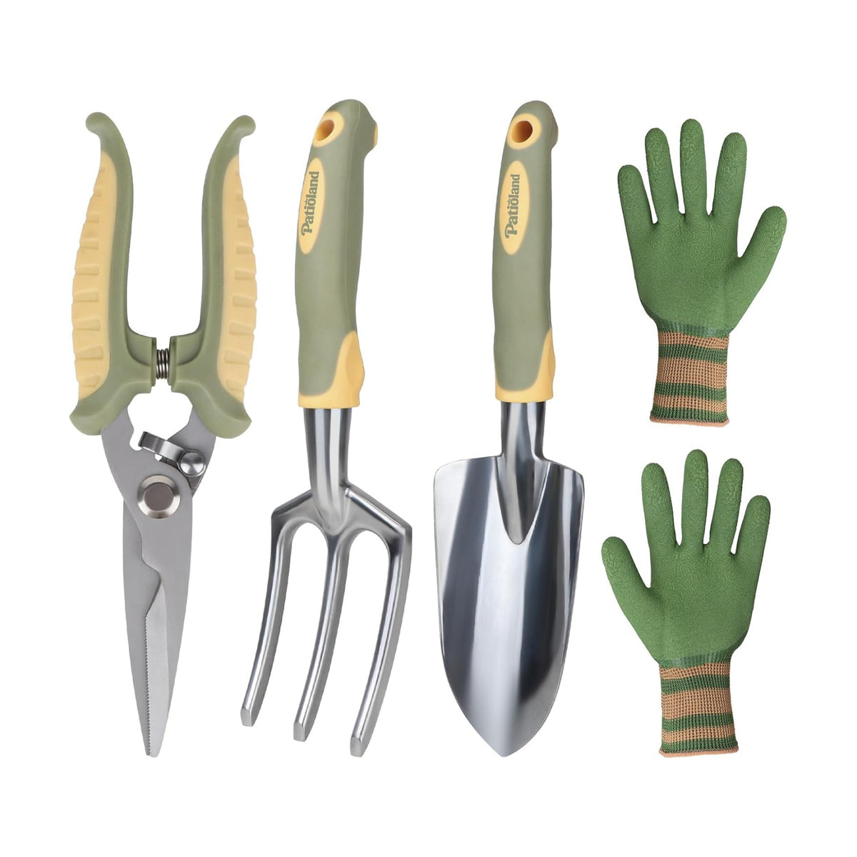 Green Garden Tool Set 4-Piece, Trowel, Fork, Pruning Shear&Gloves