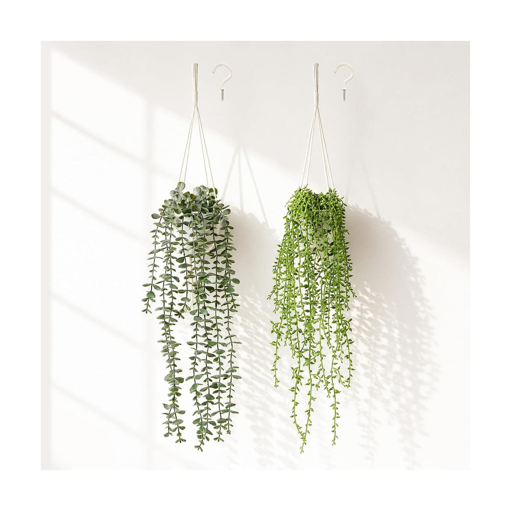 2Pcs Artificial Hanging Plants Macrame Hanger Pots Indoor Wall Home Decor | Faux Trailing Greenery, Fake Eucalyptus &