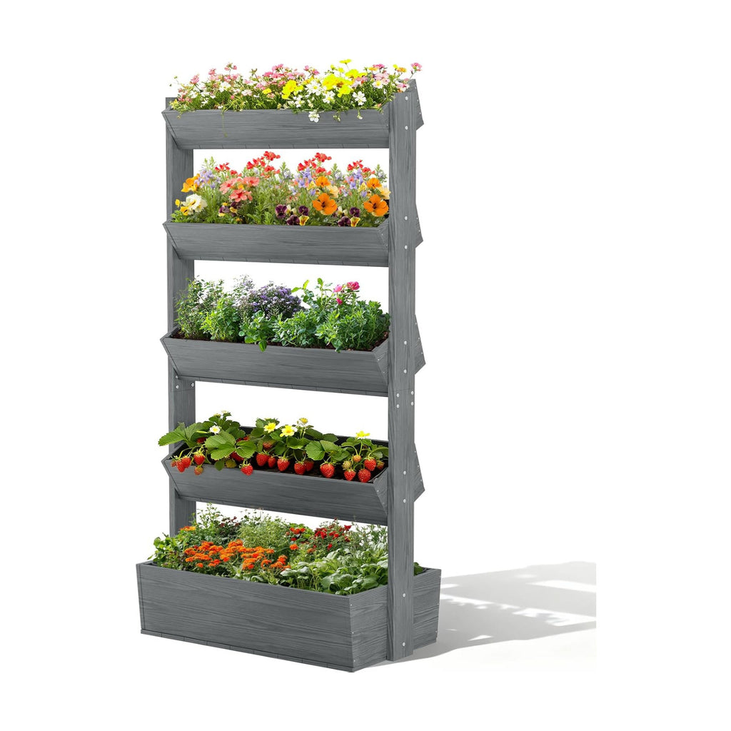 Vertical Raised Garden Bed, 5 Tier Freestanding Garden Planters | Wooden Plant Stand Flower Rack with Planter Box for