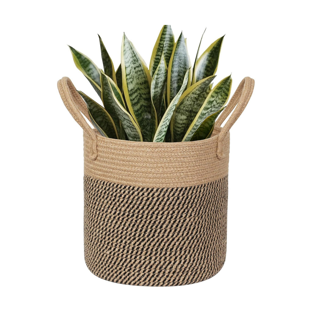 Round Wicker Basket with Handle, 12.5" Woven Jute Plant Basket for 11" Pot, Indoor Boho Artificial Tree Planter, Decorative Flower Pot Cover, Rustic Holder for Plants, Shoe Towel Bin, Black Stripes
