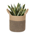 Round Wicker Basket with Handle, 12.5" Woven Jute Plant Basket for 11" Pot, Indoor Boho Artificial Tree Planter, Decorative Flower Pot Cover, Rustic Holder for Plants, Shoe Towel Bin, Black Stripes