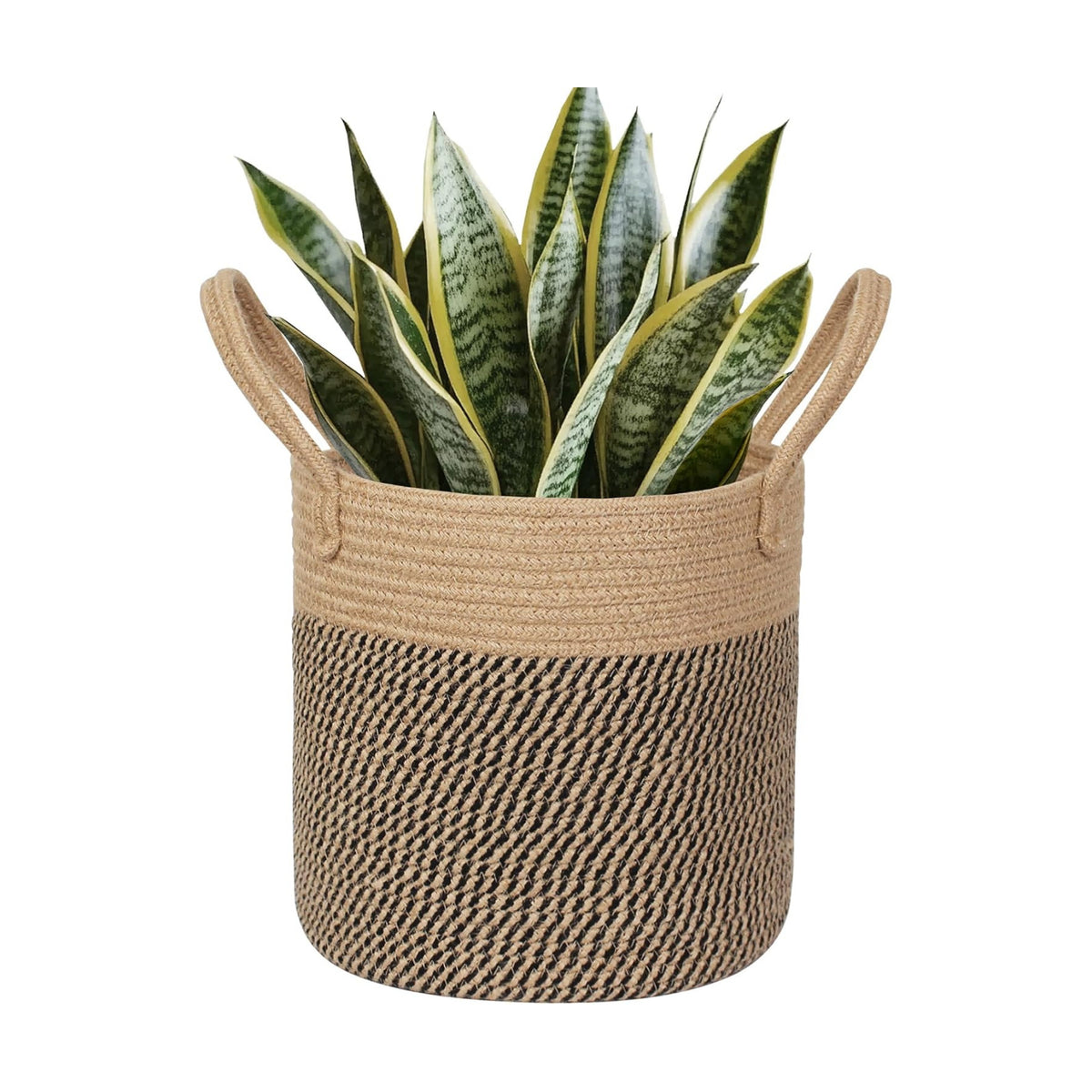 Round Wicker Basket with Handle, 12.5" Woven Jute Plant Basket for 11" Pot, Indoor Boho Artificial Tree Planter, Decorative Flower Pot Cover, Rustic Holder for Plants, Shoe Towel Bin, Black Stripes