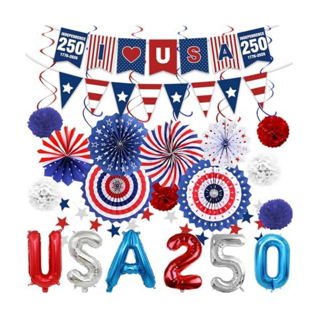 33 PCS USA 250th Anniversary Decorations Set 4th of July & Fourth of July Decor Red White Blue Paper Fans Pom Poms Balloons Banners Indoor & Outdoor American Patriotic Party Supplies