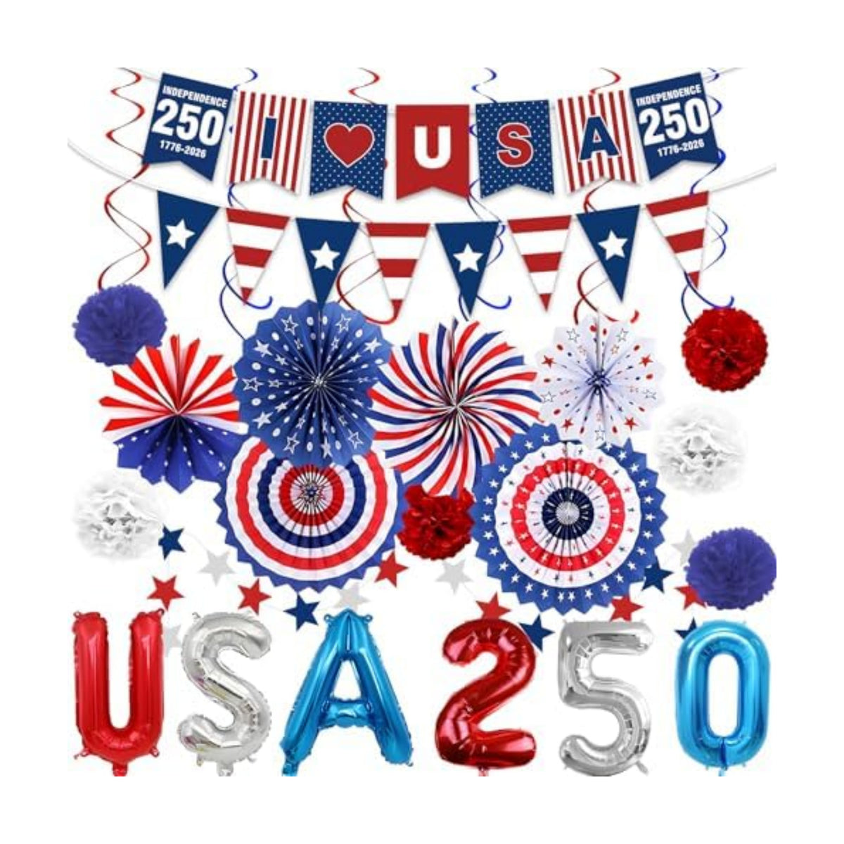 33 PCS USA 250th Anniversary Decorations Set 4th of July & Fourth of July Decor Red White Blue Paper Fans Pom Poms Balloons Banners Indoor & Outdoor American Patriotic Party Supplies