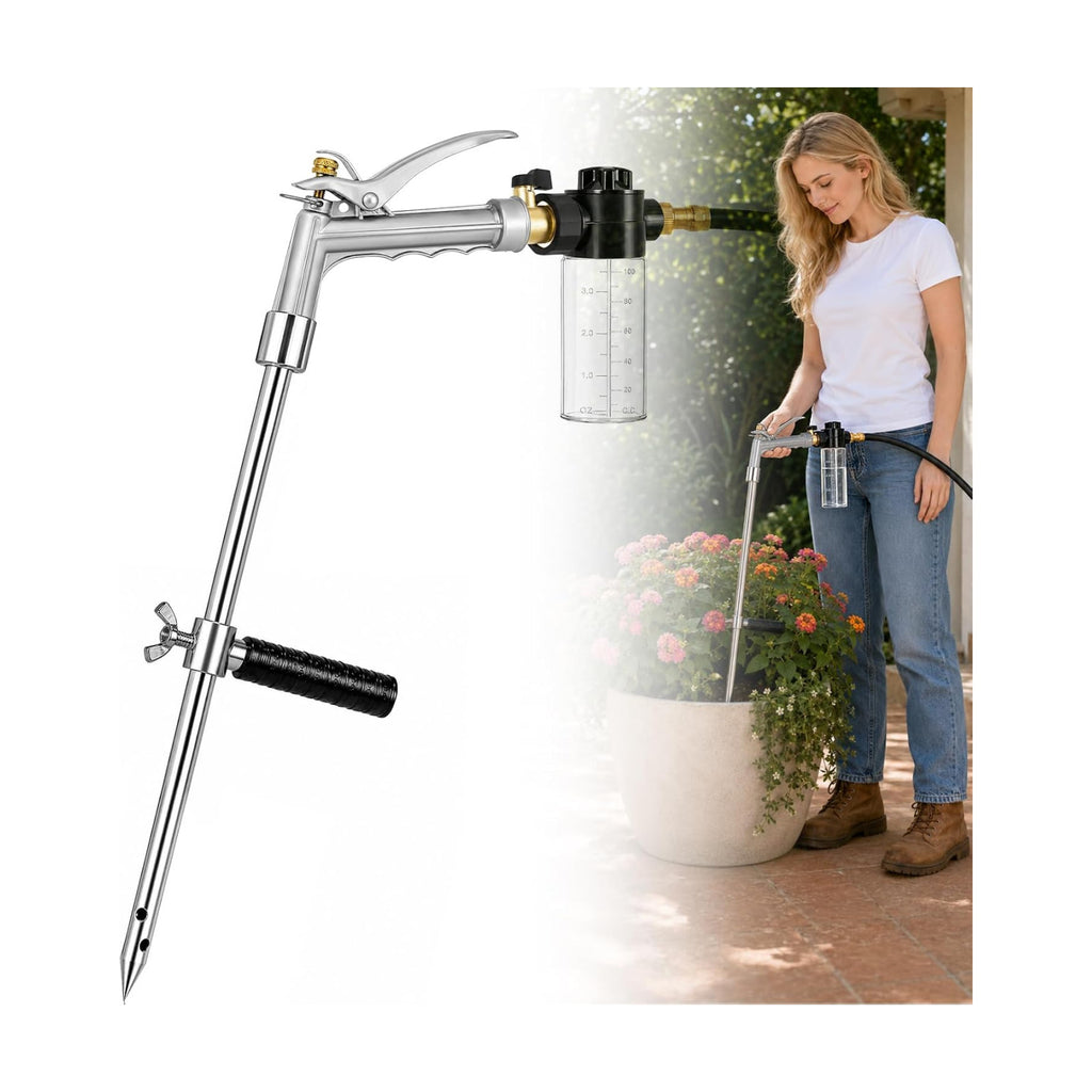 Deep Root Watering Tool for Trees with Trigger Handle & Fertilizer Bottle | One-Piece Stainless Steel Tree Watering