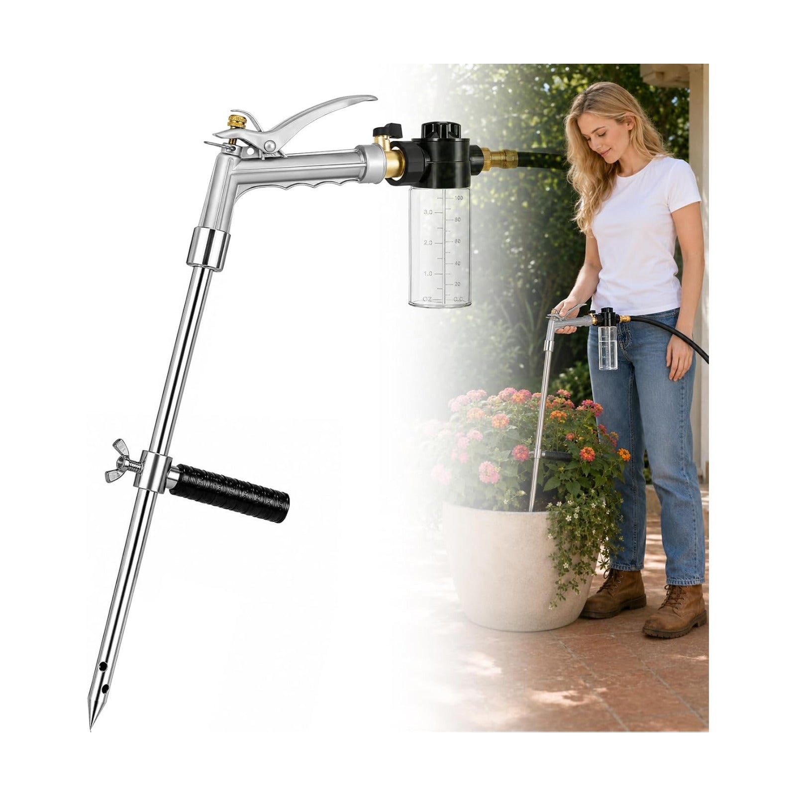 Deep Root Watering Tool for Trees with Trigger Handle & Fertilizer Bottle | One-Piece Stainless Steel Tree Watering