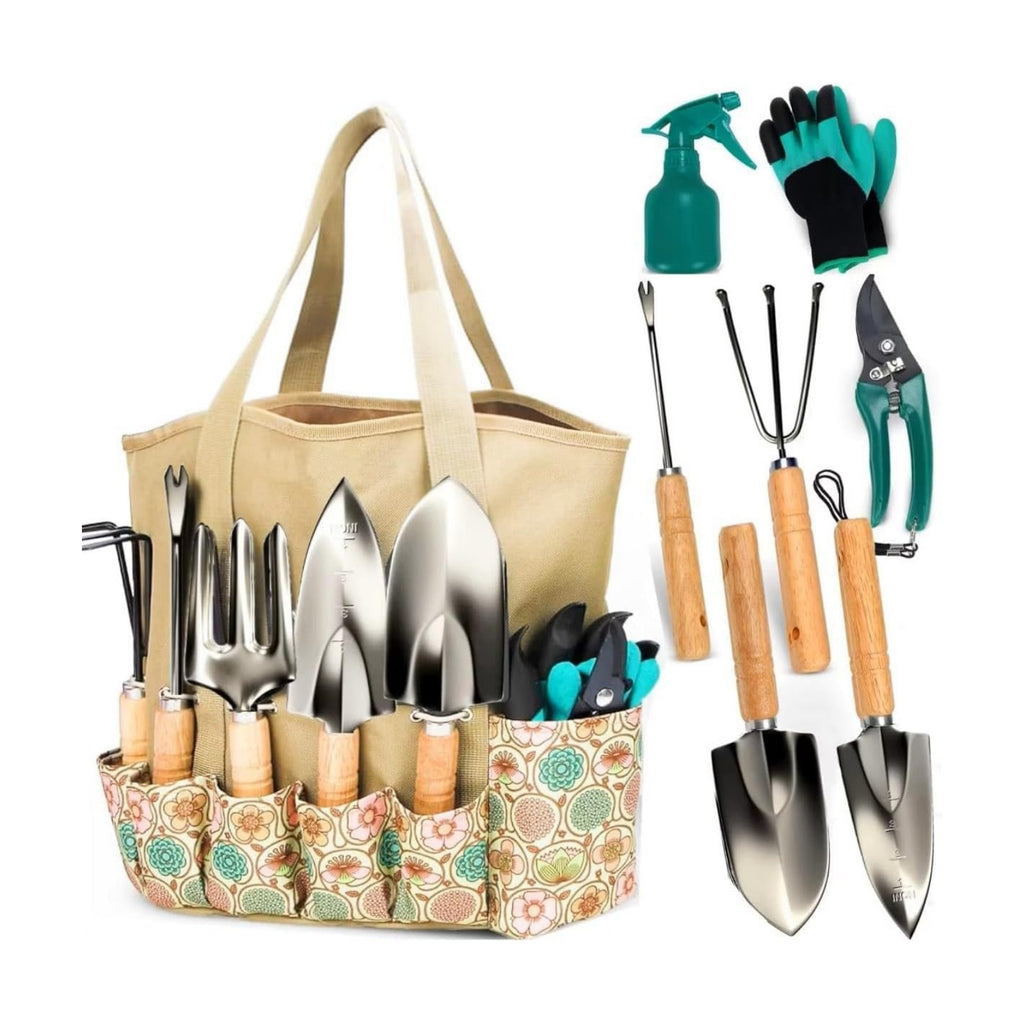 Scuddles 8-Piece Garden Tool Set with Bag, Stainless Steel Tools, Wooden Handles and Soft Poly-Cotton Gloves for