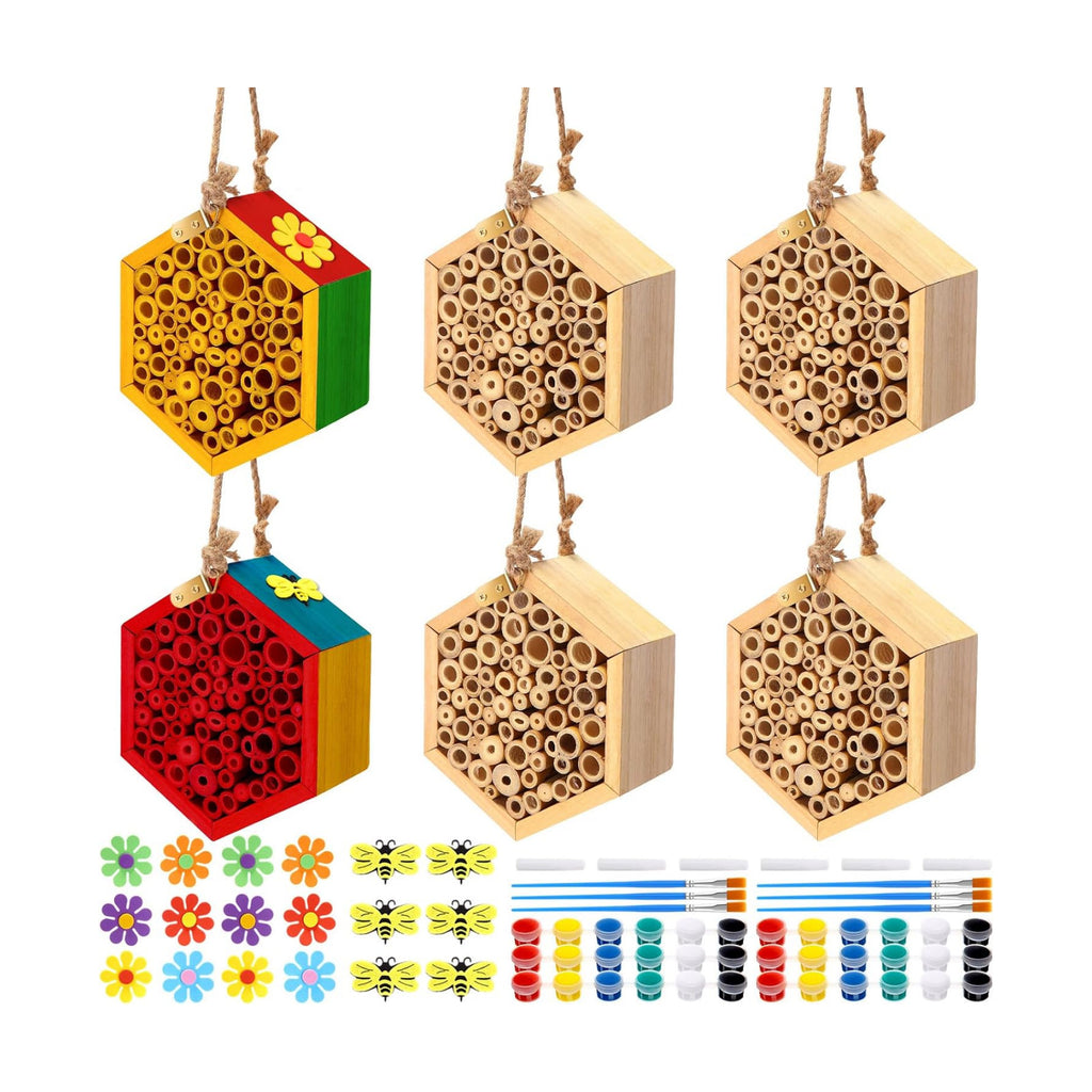 Leinuosen 6 Pcs Mason Bee House for the Garden with DIY Painting Kits and 6 Felt Bee 12 Felt Flower Natural Handmade