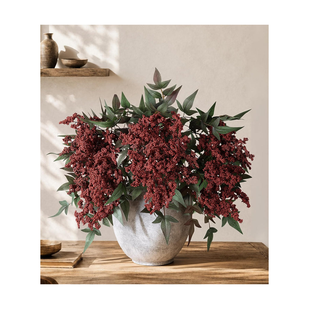 Artificial Flowers 35 Inch Artificial Nandina Berry Stem 3 Pcs Faux Flowers for Vase Realistic Sedum Spray for DIY Bouquet, Shower, Farmhouse, Mantel, Home Decor(Burgundy)