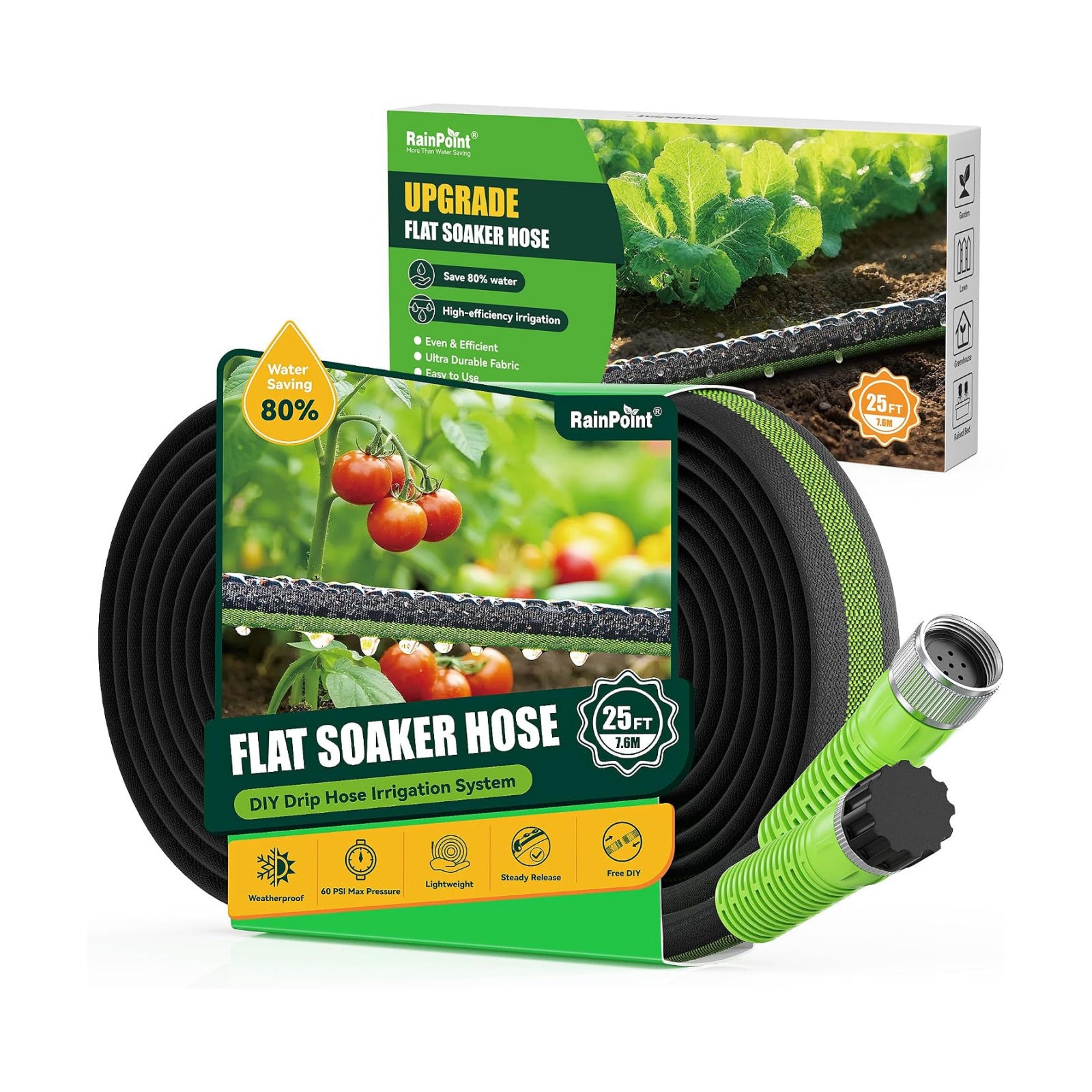 RAINPOINT 25FT Flat Soaker Hose, Flexible & Heavy-Duty Drip Hose with Anodized Aluminum Fittings, 80% Water-Saving