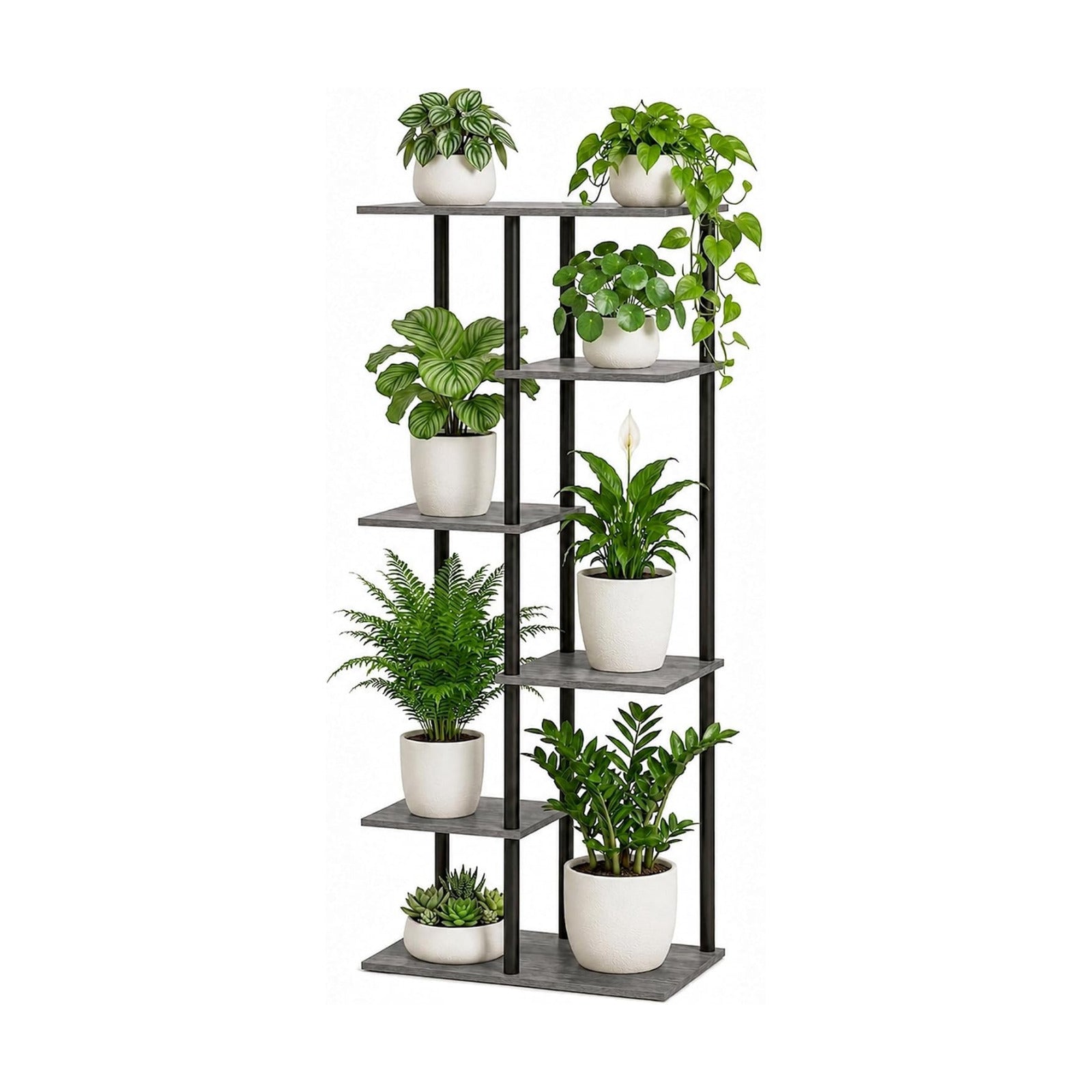 Corner Tall Plant Stand Indoor 6 Tier 8 Potted, Oak Grey | Functions as Flower Pots, Shelf, Decor Rack, Holder, Metal