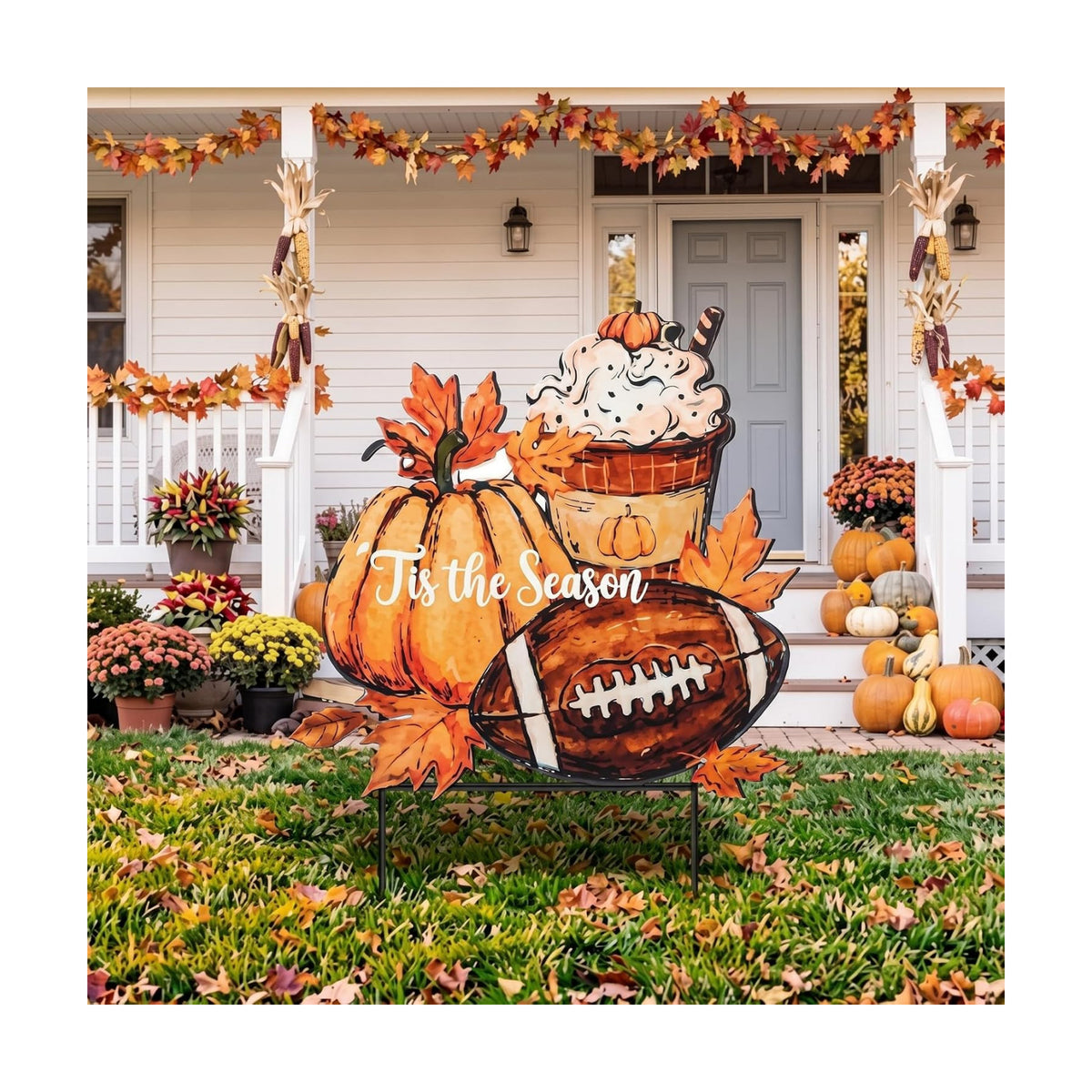 Weysat Fall Football Outdoor Decor Metal Yard Sign, Pumpkin Coffee Stakes