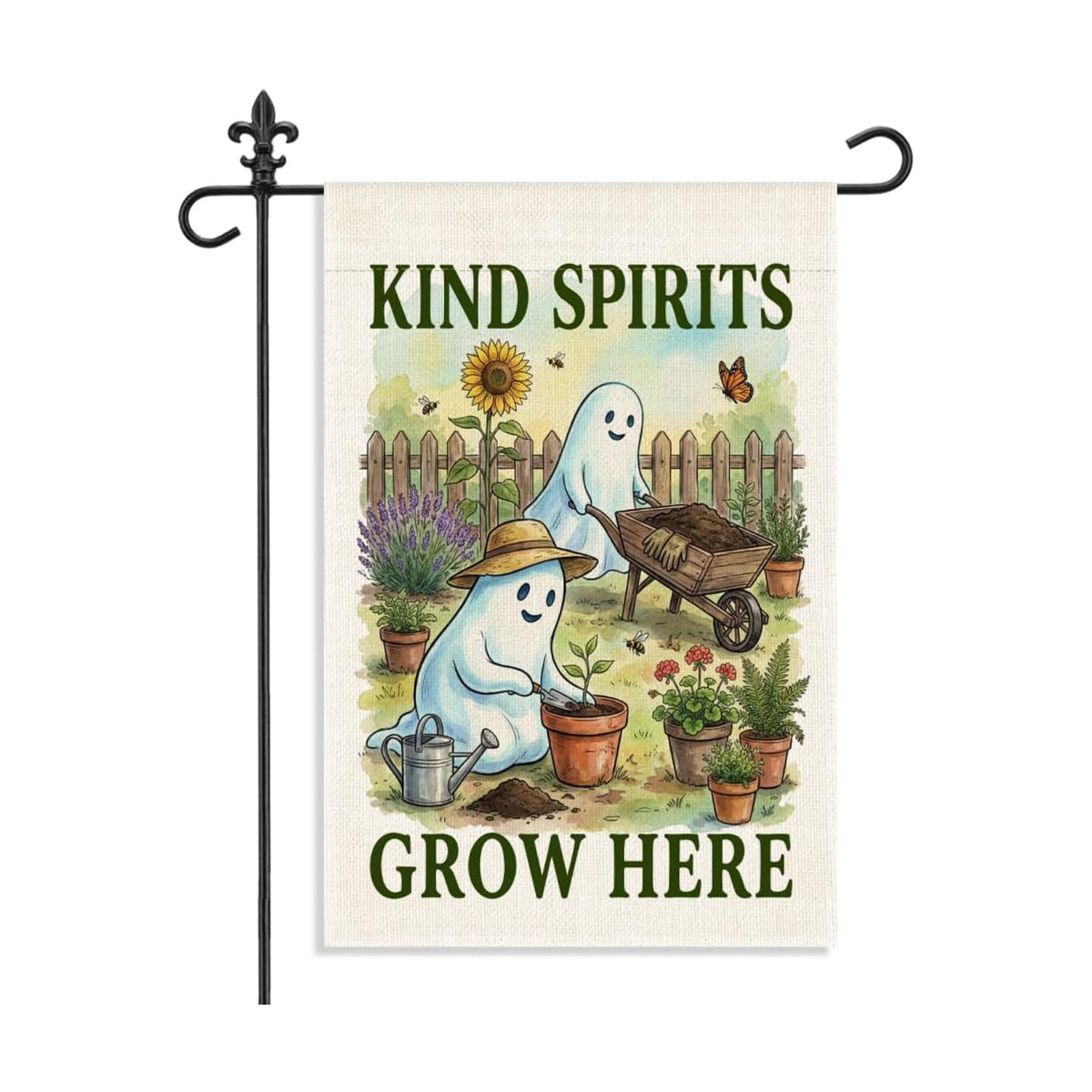 Kind Spirits Grow Here Garden Flag, Halloween Ghost Gardening Decor, 12 x 18 Inch Double Sided Cute Floral Planting Yard Flag, Halloween Gifts for Gardener Neighbor Friend Family Plant Lover