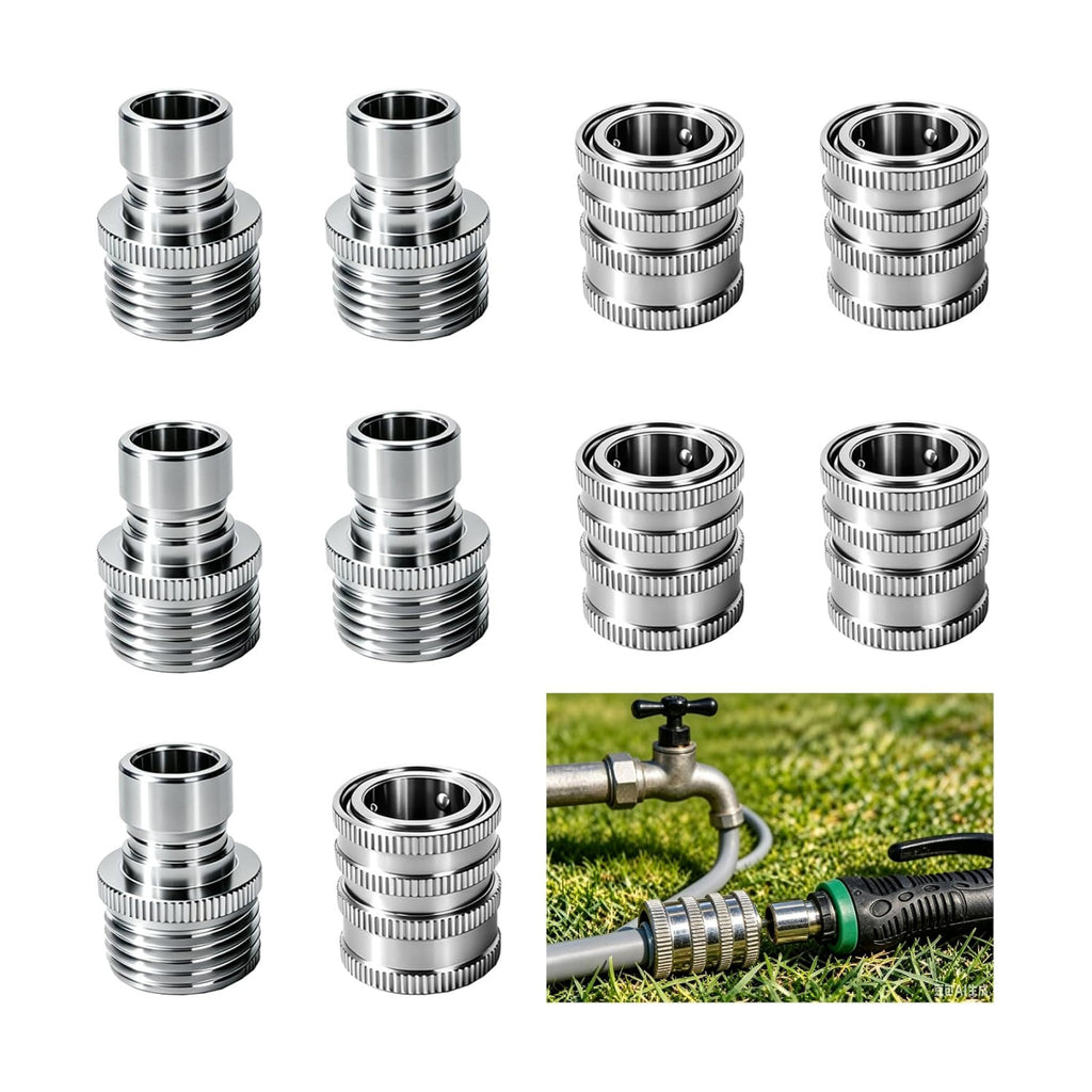 5 Pack Stainless Steel Garden Hose Quick Connect Fittings Set - Quick Connect Hose Fittings, Heavy-Duty 1/2" to 3/4"