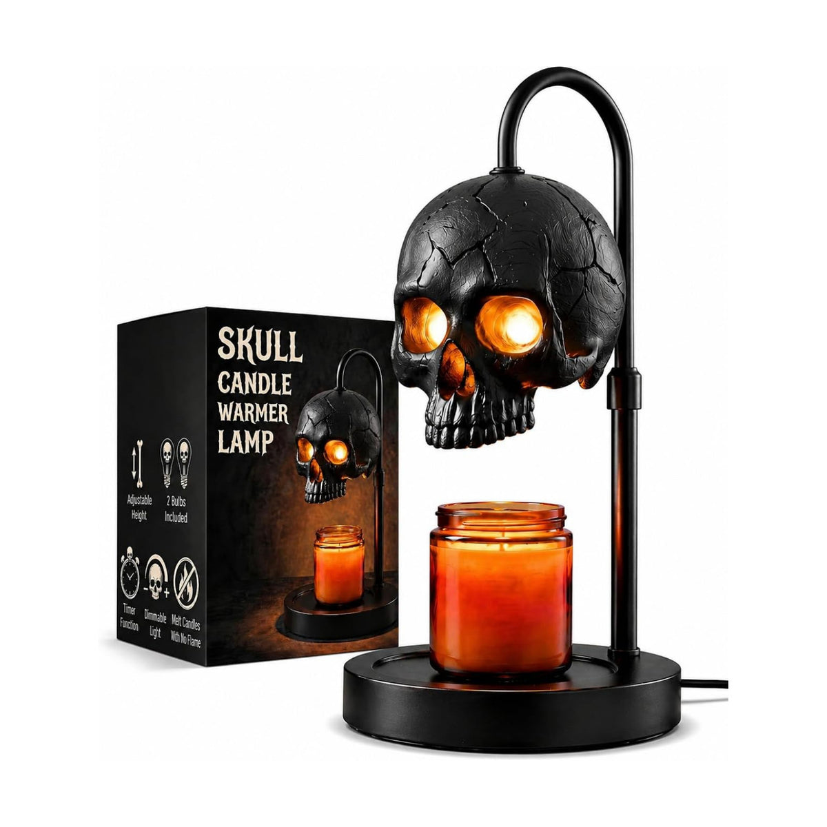 Skull Candle Warmer Lamp with Timer & Dimmer, Black Gothic Candle Warmer