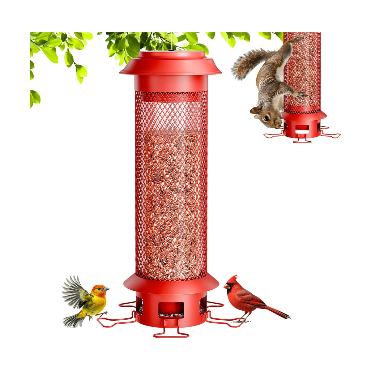 Heavy-Duty Squirrel Proof Bird Feeder, Removable Tray for Easy Cleaning, Weight-Activated Cage, 5 Perches, 4 Lb Capacity, Tube Metal Bird Feeder for Outdoors Cardinals, Finches