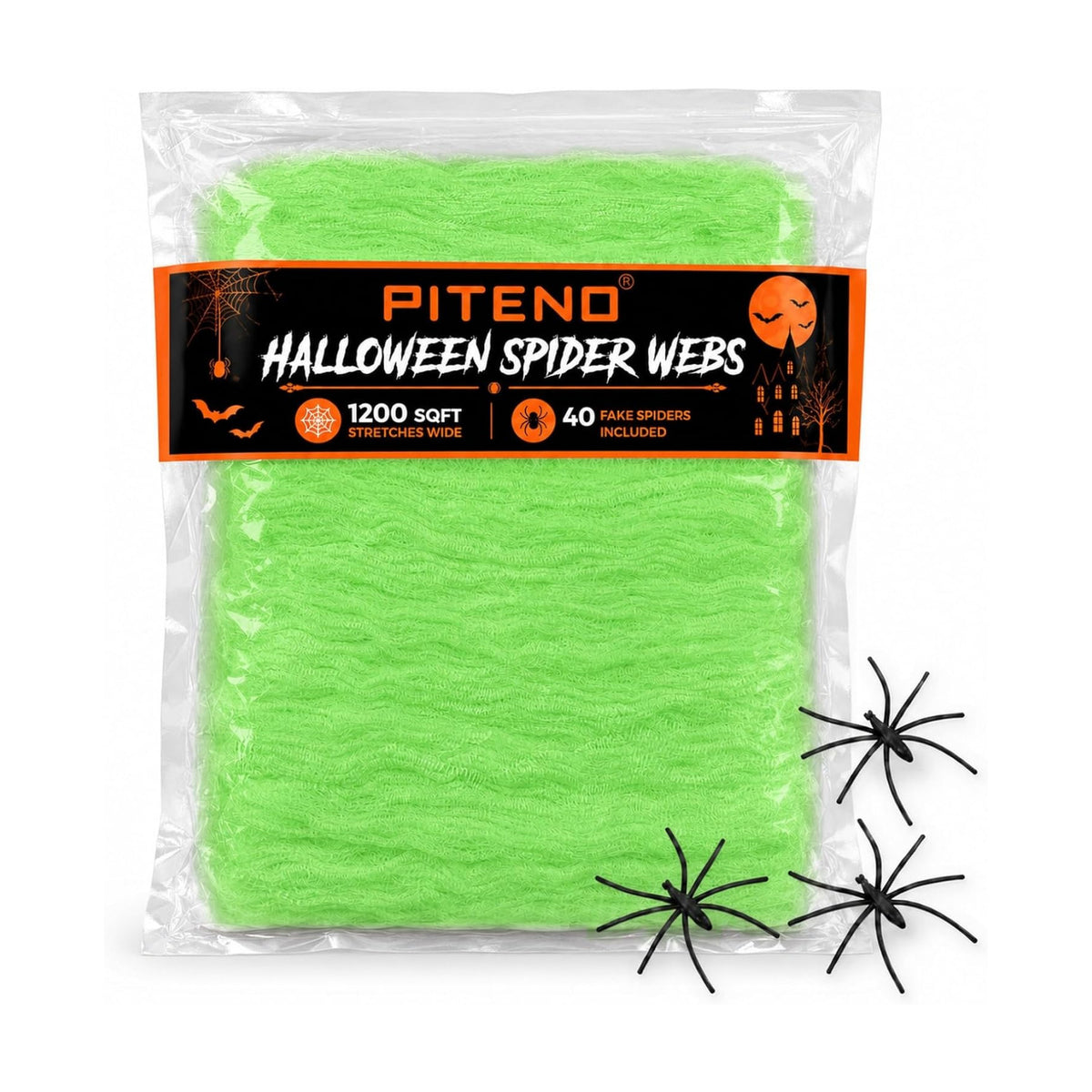 Piteno® 1200 sqft Spider Webs Halloween Decorations with 40 Fake Spiders, Stretchable Halloween Spider Webs for Indoor Outdoor Haunted House Yard Porch Party Decor (Green)