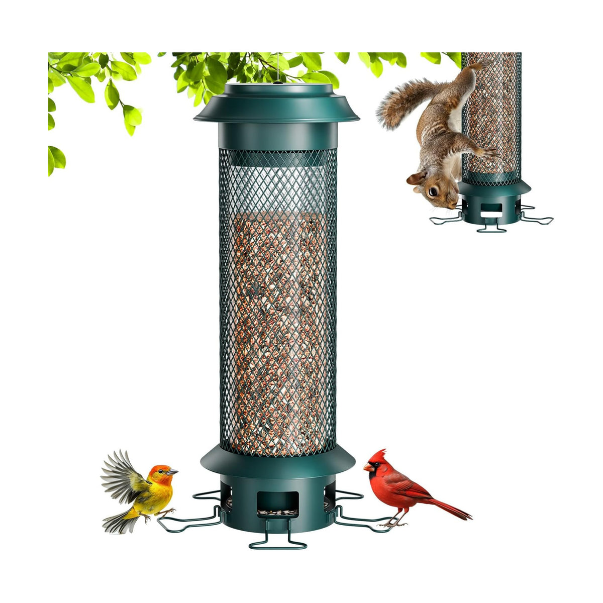 Large Squirrel Proof Bird Feeder with Removable Base, Weight-Activated Cage, Easy to Clean & Spill-Proof, 5 Perches, 4 lb Capacity, Tube Metal Bird Feeder for Outdoors Cardinals, Finches