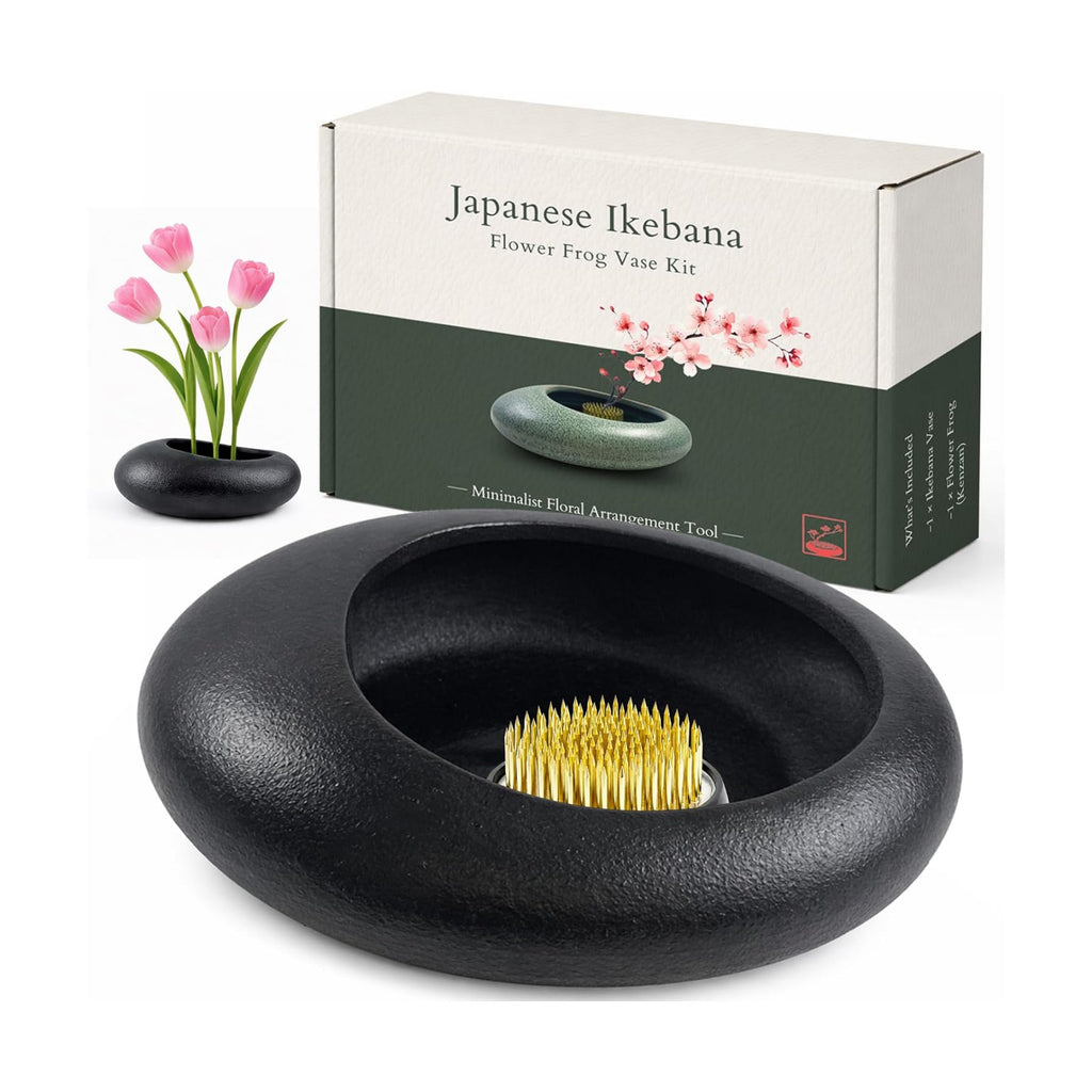 Japanese Flower Frog Vase Set – Minimalist Black Ceramic Flower Vase with Flower Frog, Modern Flower Arrangement Pot for Living Room Decor & Art Supplies, Gift Box for Flower Lover
