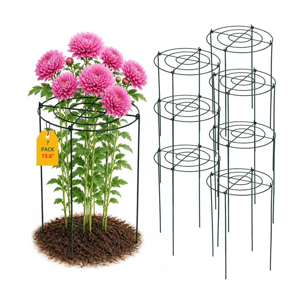 7 Pack Peony Cages and Supports, 13.8" D x 23.6" H Grow Through Plant Supports for Outdoor Plants, 4-Leg Metal Flower