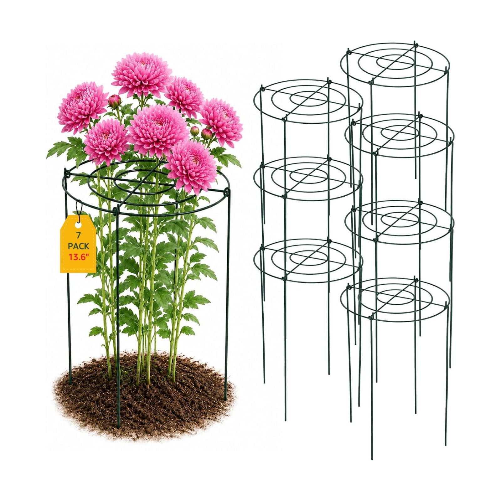 7 Pack Peony Cages and Supports, 13.8" D x 23.6" H Grow Through Plant Supports for Outdoor Plants, 4-Leg Metal Flower