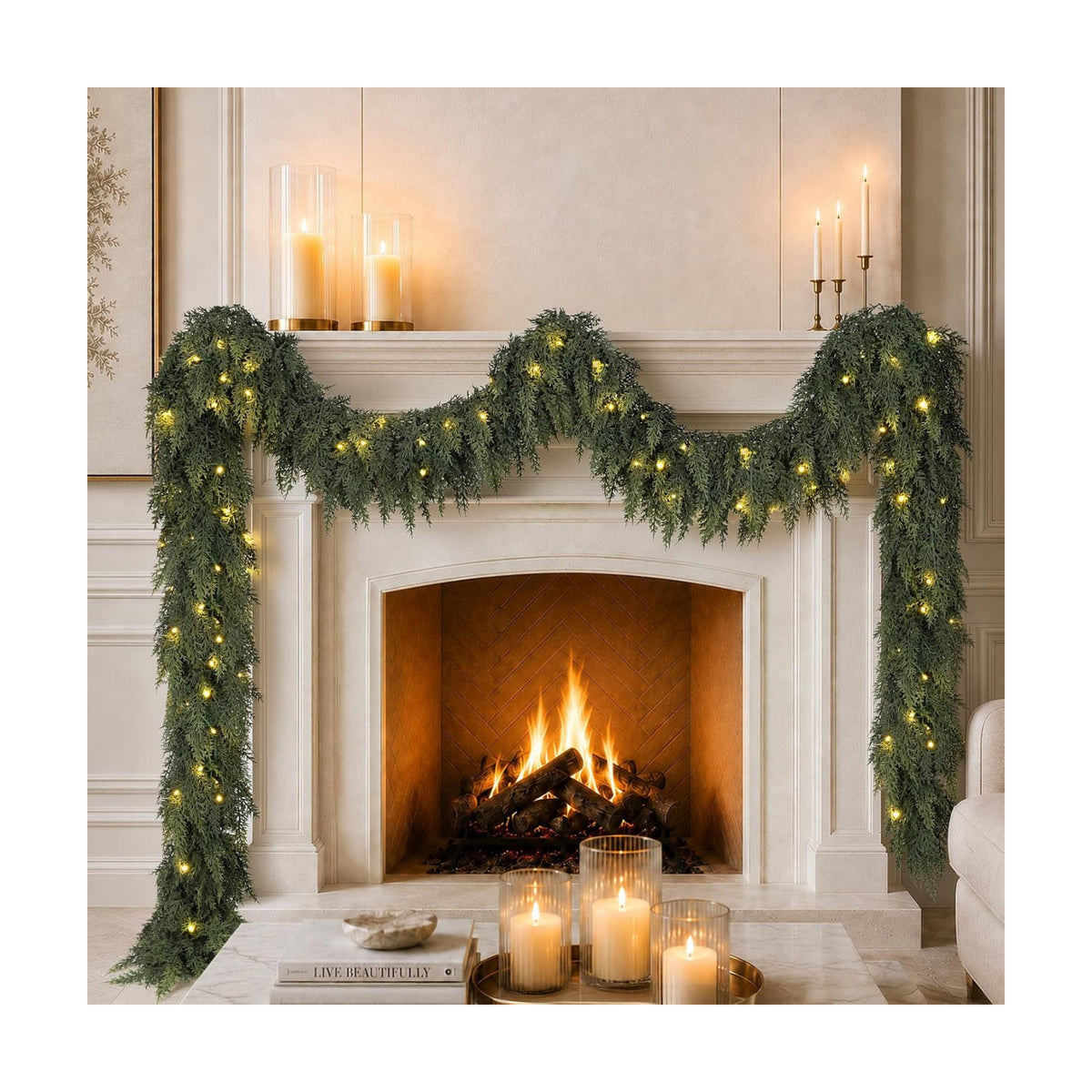 12FT Christmas Cedar Garland with Lights Prelit Pine Garland Decoration