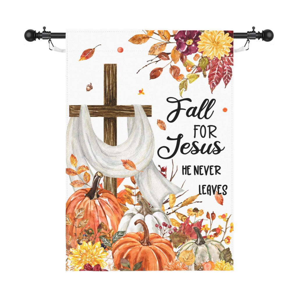 Fall For Jesus He Never Leaves Garden Flag 28x40 Inch Double Sided for Outside Autumn Thanksgiving Yard Flags Pumpkin Cross Outdoor Large Flag for Home Decorations