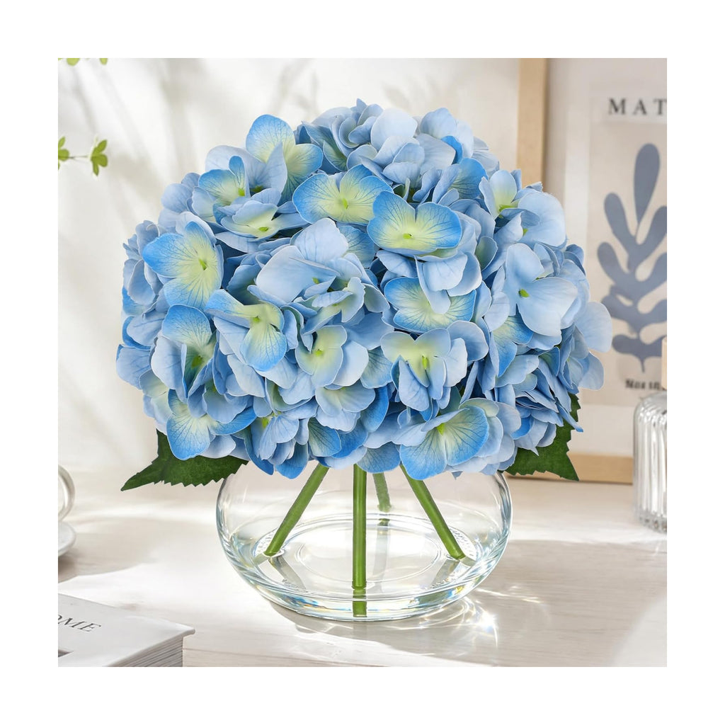 Hollyone Real Touch Hydrangea with Glass Vase Light Blue Full Latex Hydrangeas Artificial Flowers in Vase Lifelike Bouquets Floral Arrangements with Faux Water for Wedding Table Centerpiece Home Decor